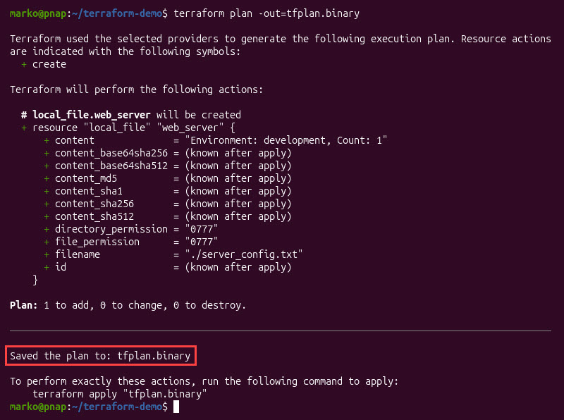 Setting the output file for terraform plan.