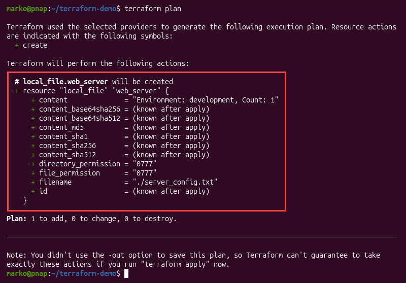 The output of the terraform plan command when ran for the first time without any options.