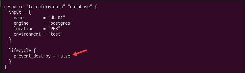 Setting prevent_destroy to false.