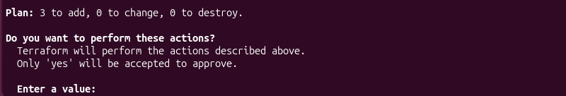 Terraform apply terminal output displaying the execution plan and confirmation prompt before applying infrastructure changes