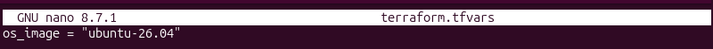 Default Terraform variable definition file specifying Ubuntu 26.04 for Bare Metal Cloud instances