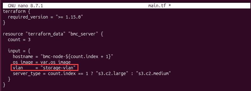 Terraform configuration updating the VLAN assigned to Bare Metal Cloud instances