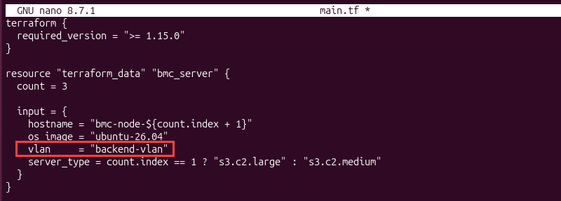 Terraform configuration updating the VLAN for a Bare Metal Cloud deployment
