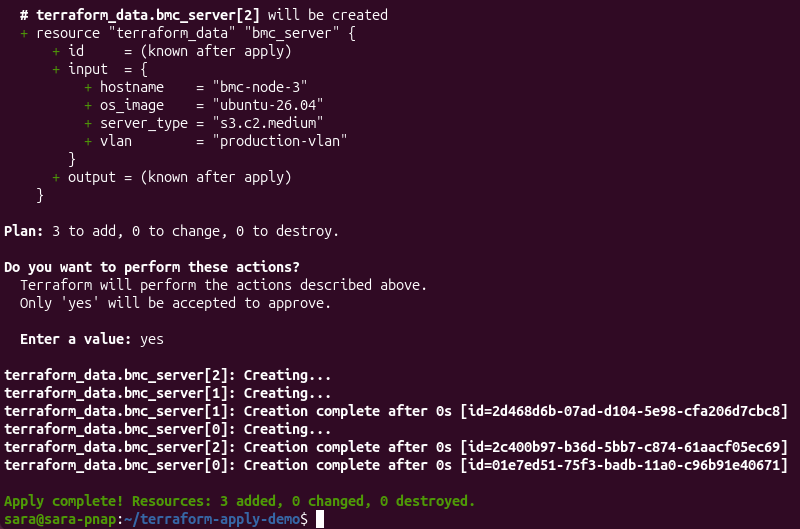 Terraform apply terminal output confirming the successful deployment of three Bare Metal Cloud instances