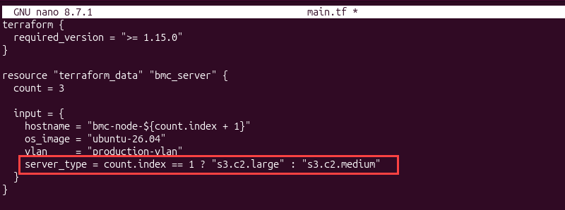 Terraform configuration modifying the server type for a single Bare Metal Cloud instance