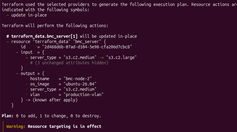 Terraform apply using the -target option to update a single Bare Metal Cloud instance