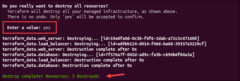 Confirming the terraform destroy plan.