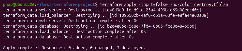 Using the -no-color option in terraform destroy automation.
