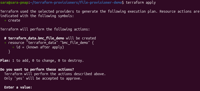 Terraform apply showing the file provisioner resource and confirmation promp