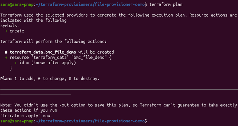 Terraform plan showing the terraform_data resource that uses the file provisioner