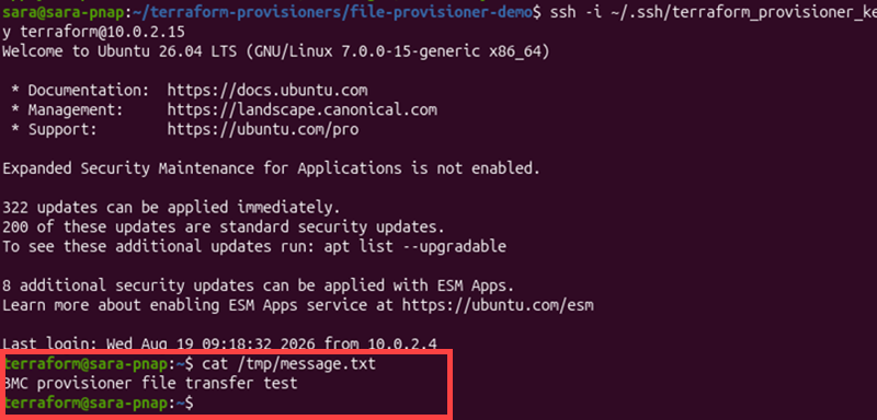 Transferred message.txt file displayed on the remote Ubuntu machine