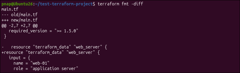 Using the -diff option with terraform fmt.