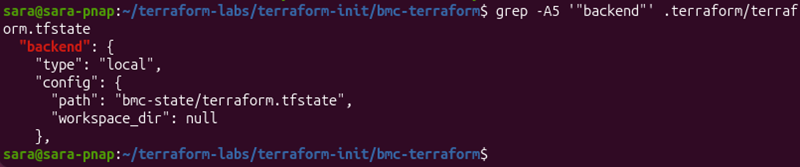 Terraform working directory showing the updated local backend state path