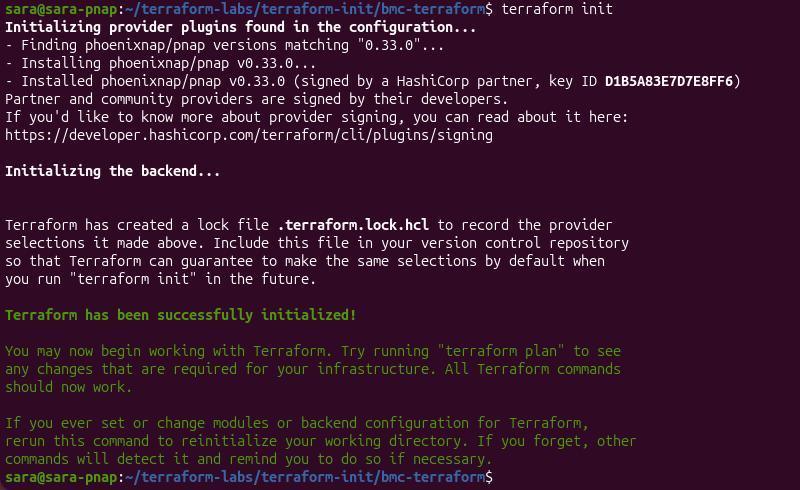 Terraform initializing a Bare Metal Cloud configuration and installing the phoenixNAP provider