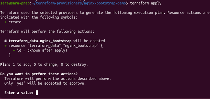 Terraform apply showing the Nginx bootstrap resource and confirmation prompt