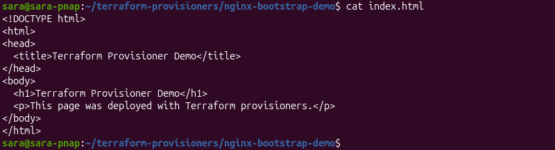 Local HTML file containing the page that Terraform will transfer to the remote machine