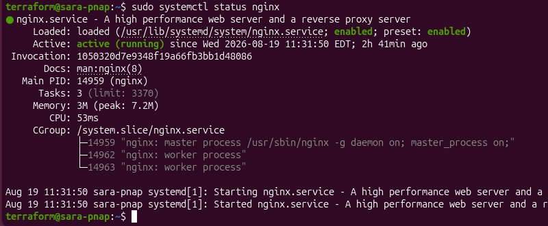 Nginx service running on the remote machine after Terraform provisioning