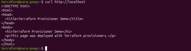 HTML page served by Nginx on the remote machine after Terraform provisioning