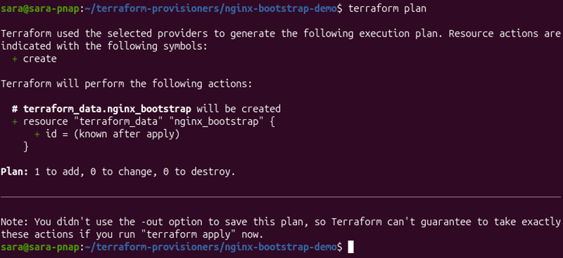 Terraform plan showing the terraform_data resource used to bootstrap Nginx
