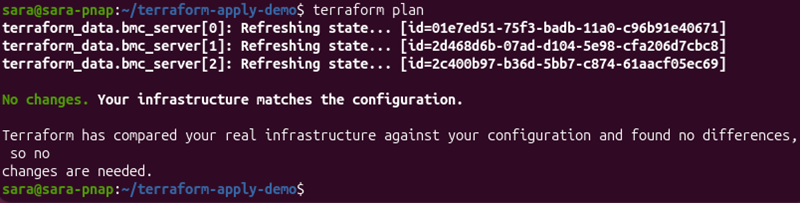 Terraform plan confirming no pending infrastructure changes after a targeted apply