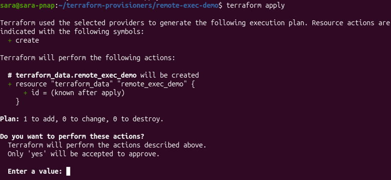 Terraform apply showing the remote-exec resource and confirmation prompt