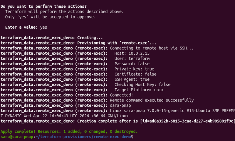 Terraform remote-exec provisioner connecting to the remote machine and executing commands successfully