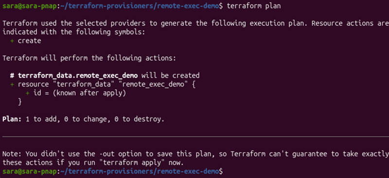 Terraform plan showing the terraform_data resource that uses the remote-exec provisioner