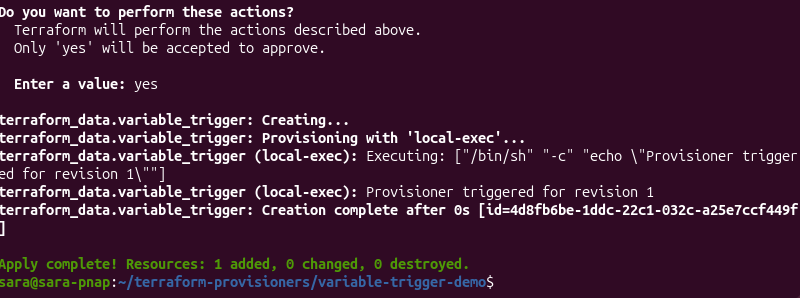 Terraform creating the terraform_data resource and running the local-exec provisioner for revision 1