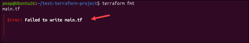 A permission error when running terraform fmt.