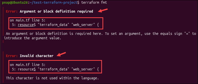 A syntax error when running terraform fmt.