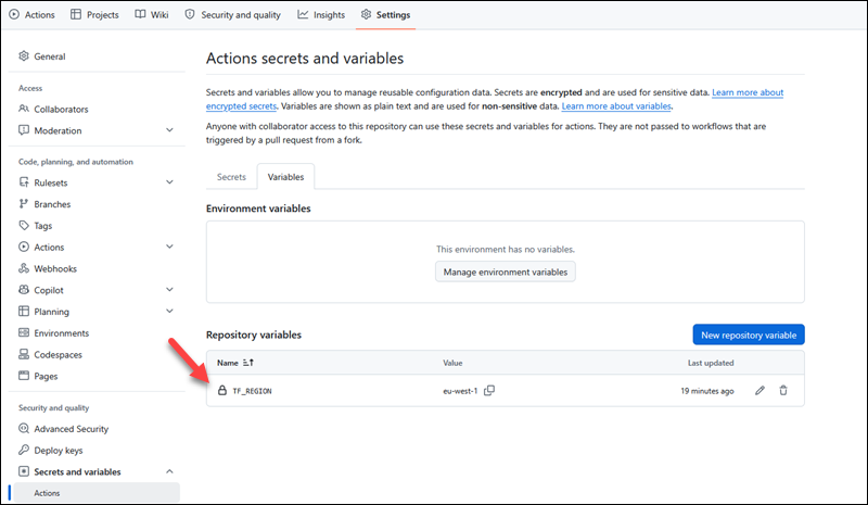 GitHub Actions repository variables