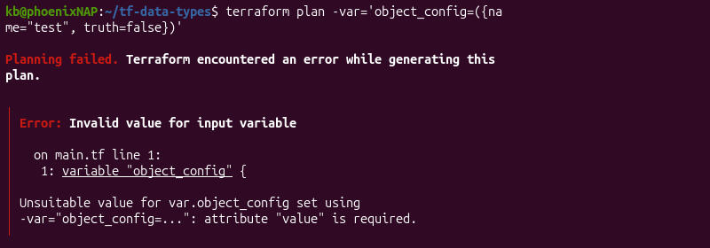 Invalid object type error terminal output