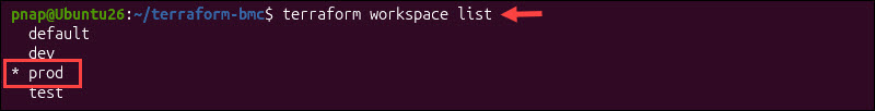 Listing available Terraform workspaces.