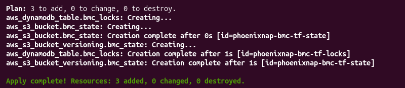terraform apply output S3 bucket and DynamoDB table created