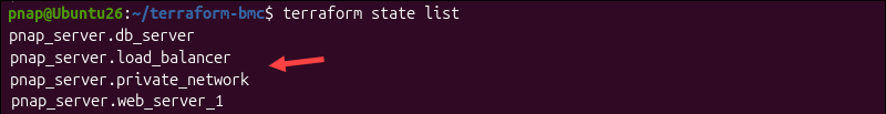 A Terraform state list after a BMC resource was removed.