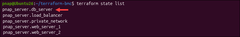 Terraform state list command to list BMC resources.