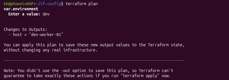 Terraform config input, local, output terminal output
