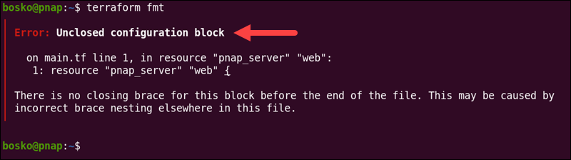 Terraform fmt command output example.