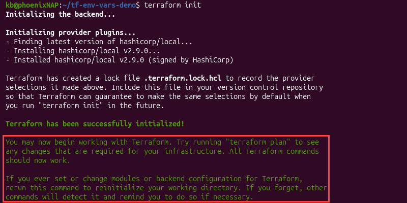 terraform init with tip terminal output