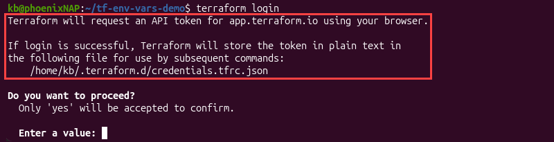 terraform login interactive terminal output