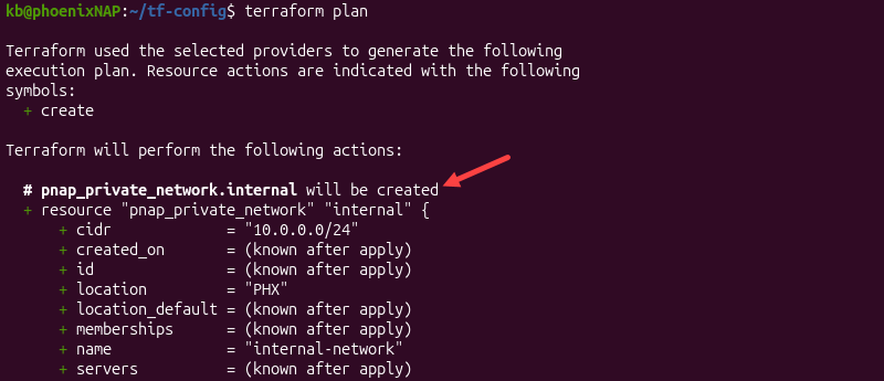 terraform plan network creation terminal output
