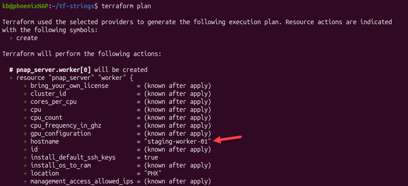 Terraform pnap server worker string format terminal output