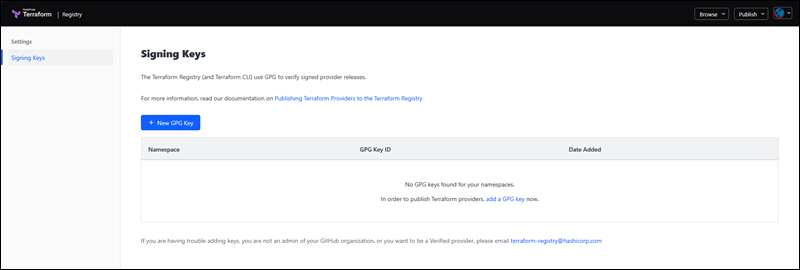 Terraform registry signing keys GPG key page