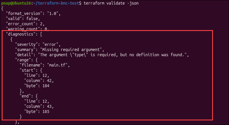 The diagnostics section in terraform validate.