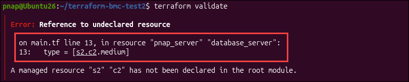 An error during the terraform validation command.