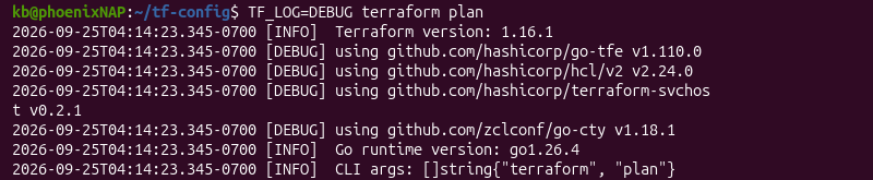 TF_LOG DEBUG terraform plan terminal output