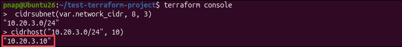 The cidrhost function in Terraform console.