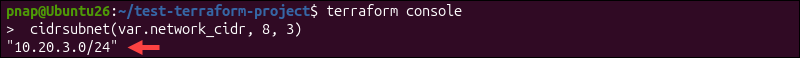 The cidrsubnet function in terraform console.