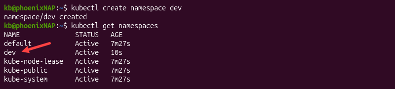 kubectl create namespace dev terminal output