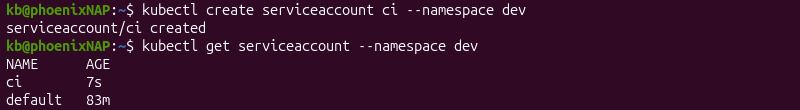 kubectl create serviceaccount namespace dev terminal output